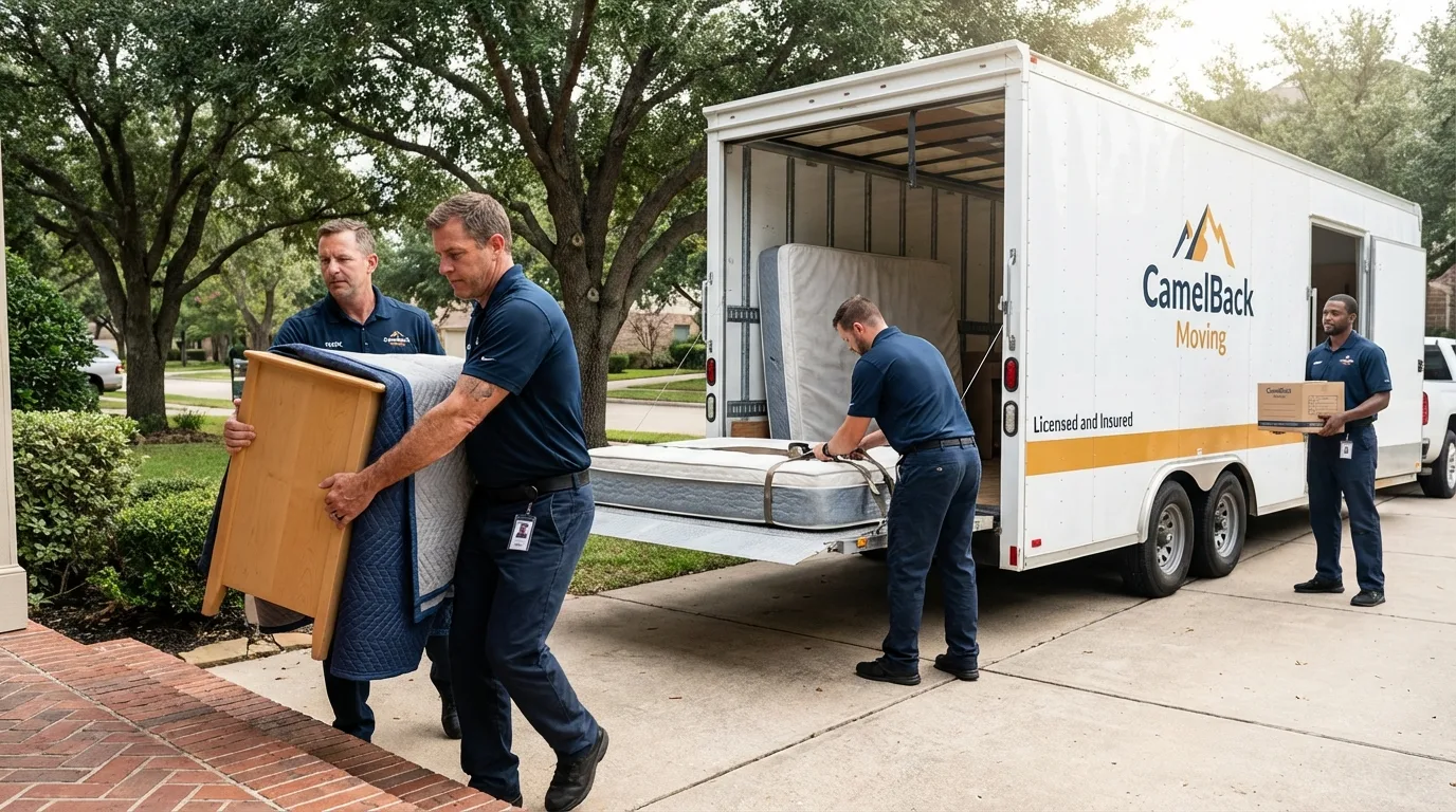 Crew loading residential truck for cross-state move from Denham Springs, LA
