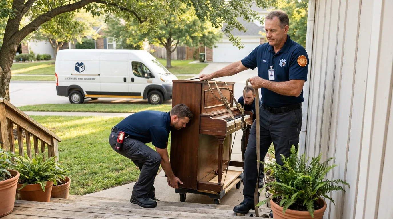Licensed piano movers securing grand piano in Denham Springs, LA