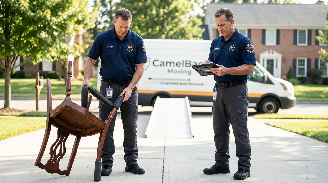Movers inspecting furniture for damage prevention before loading in Denham Springs, LA