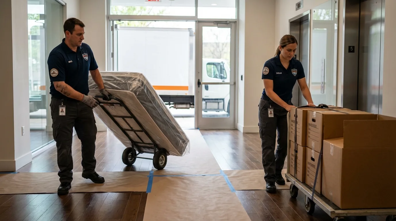 Professional apartment movers loading elevator in Denham Springs, LA