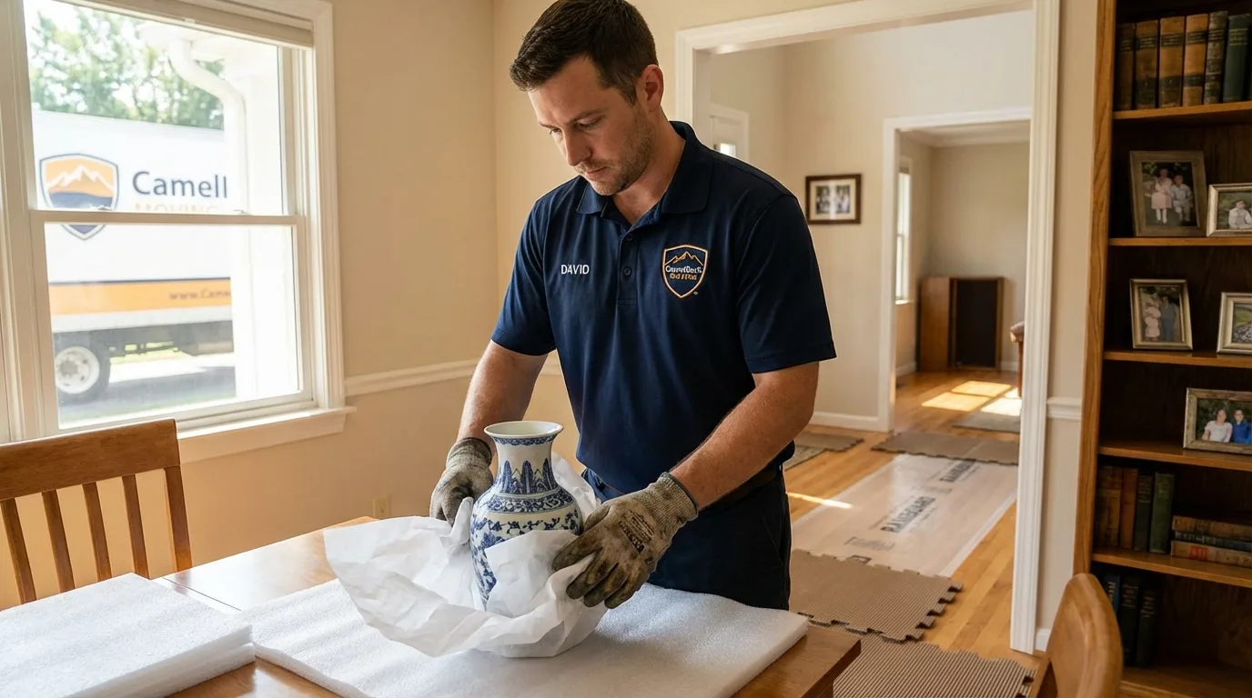 Professional crew carefully wrapping antique vase for senior downsizing move in Denham Springs, LA